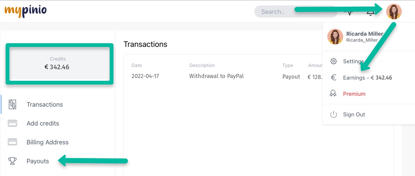 Overview of the money you have earned with paid surveys